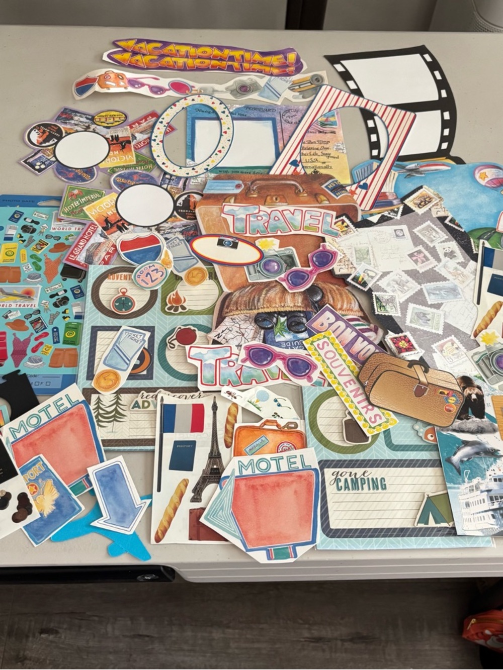 Travel-Themed Scrapbook Ephemera Pack - Bright Multicolor. Stickers and papers